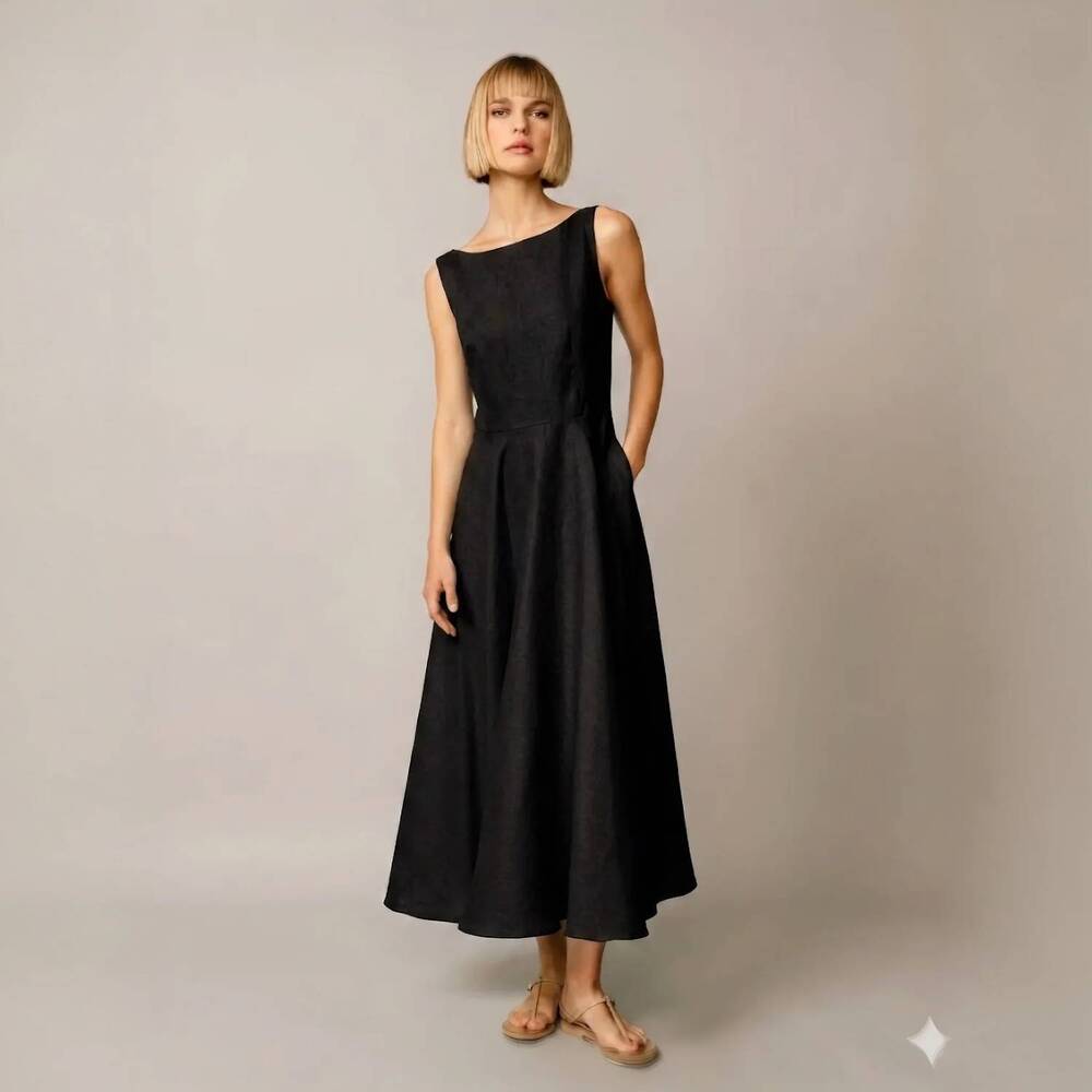 NEW MAISON ZOULIAS audrey linen midi dress in black